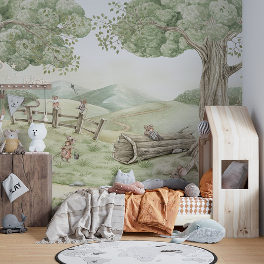 Whimsical mouse illustration wallpaper wall mural for kids wall decor.