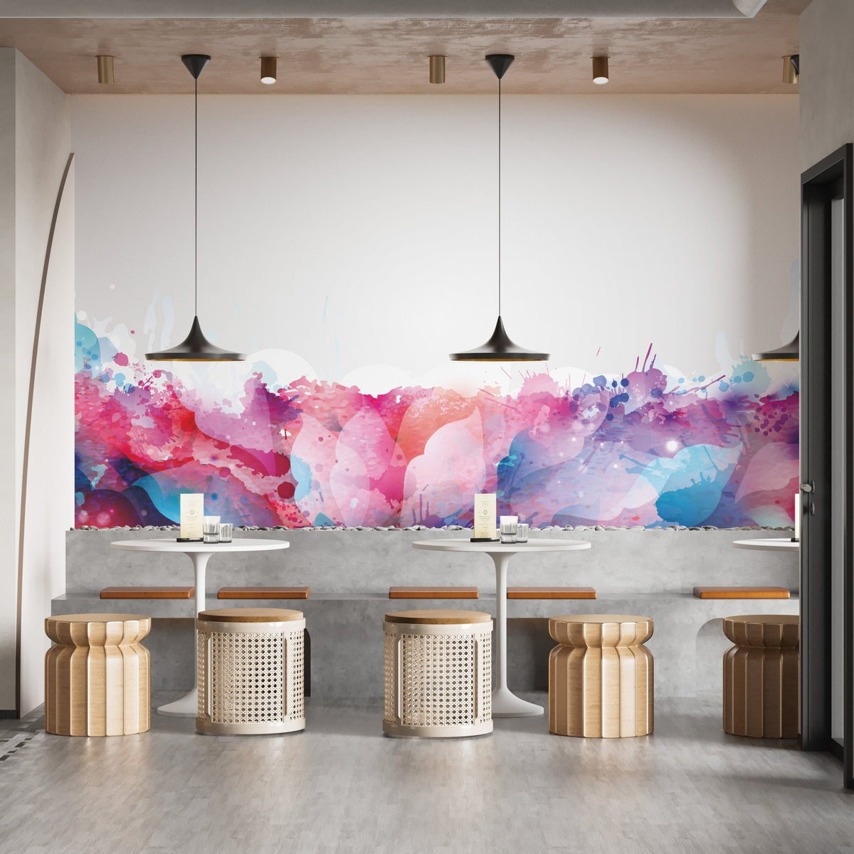Multi Watercolor Brushstroke Wall Murals in a modern cafe with wooden stools.