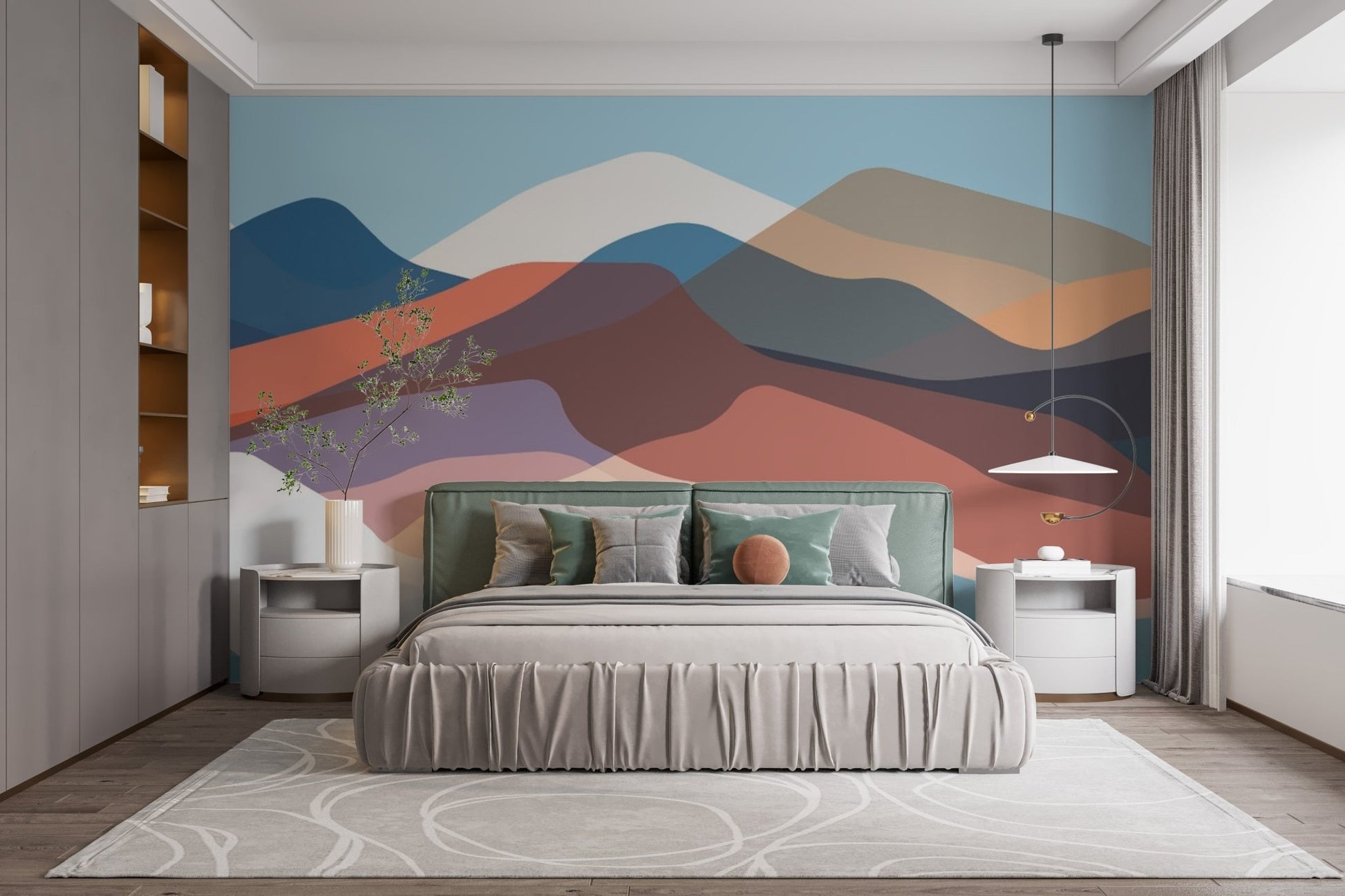 Vibrant overlapping mountain layers in an abstract artistic mural for bedroom.