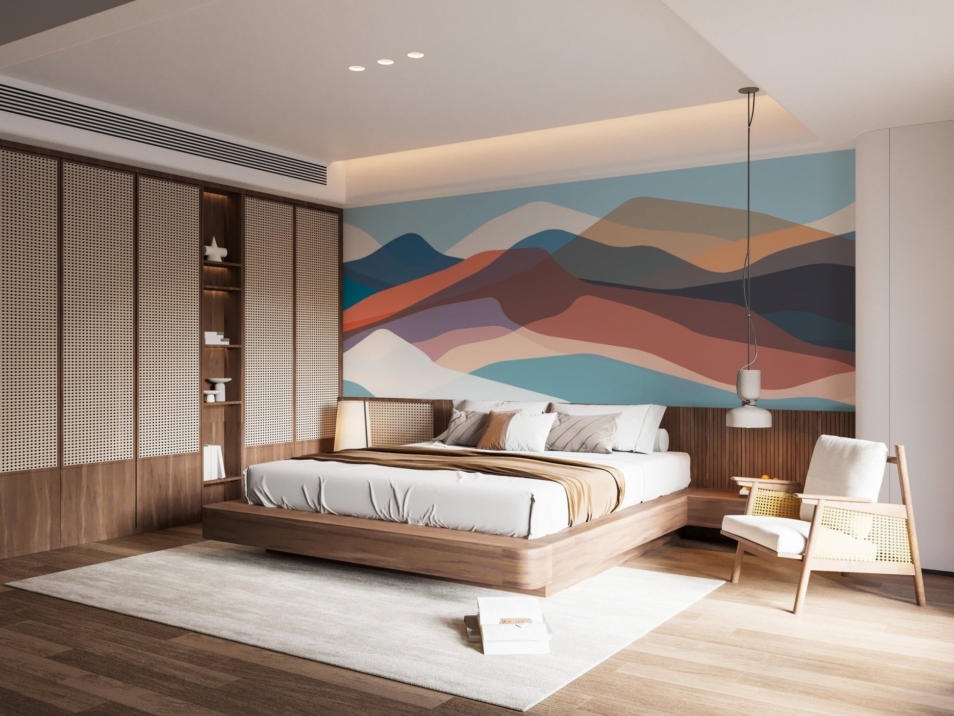 Contemporary wall mural depicting abstract mountains in calming tones