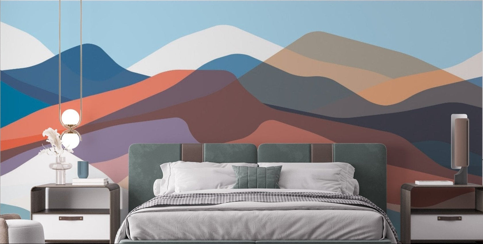 Abstract mountain landscape mural with multicolored layers in bedroom.