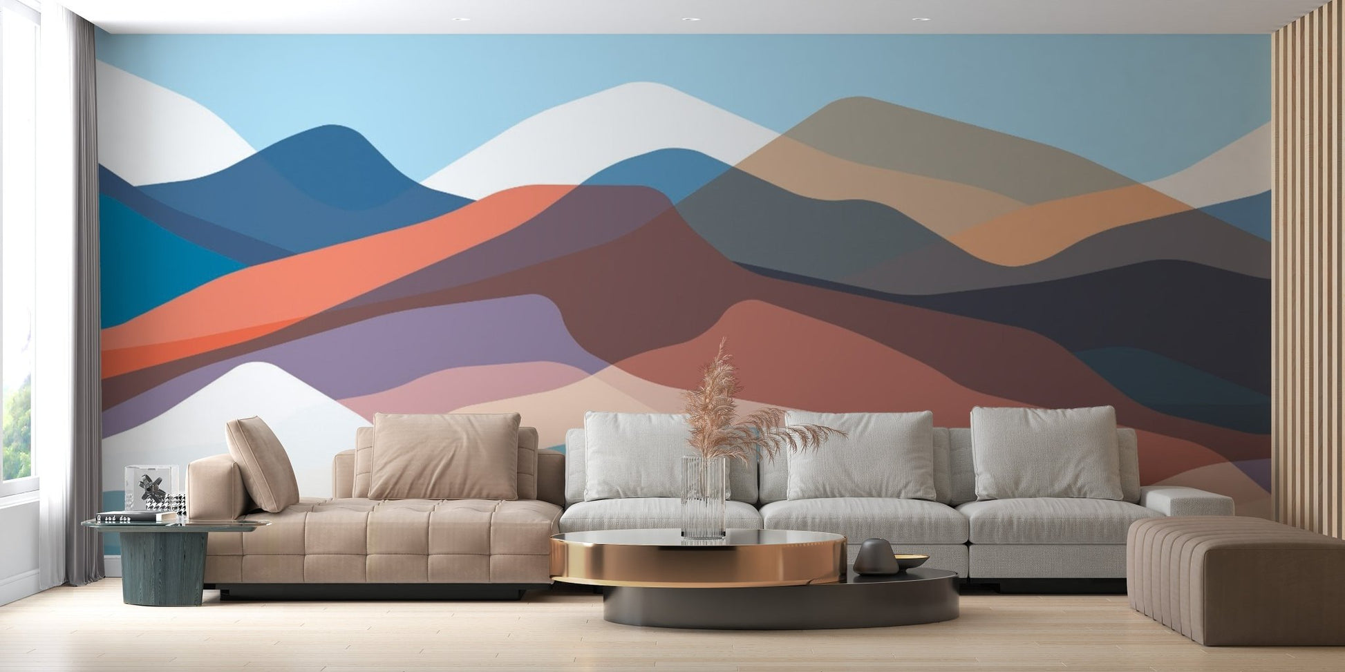 Modern living room mural showcasing layered mountains in soft pastel tones