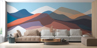 Modern living room mural showcasing layered mountains in soft pastel tones