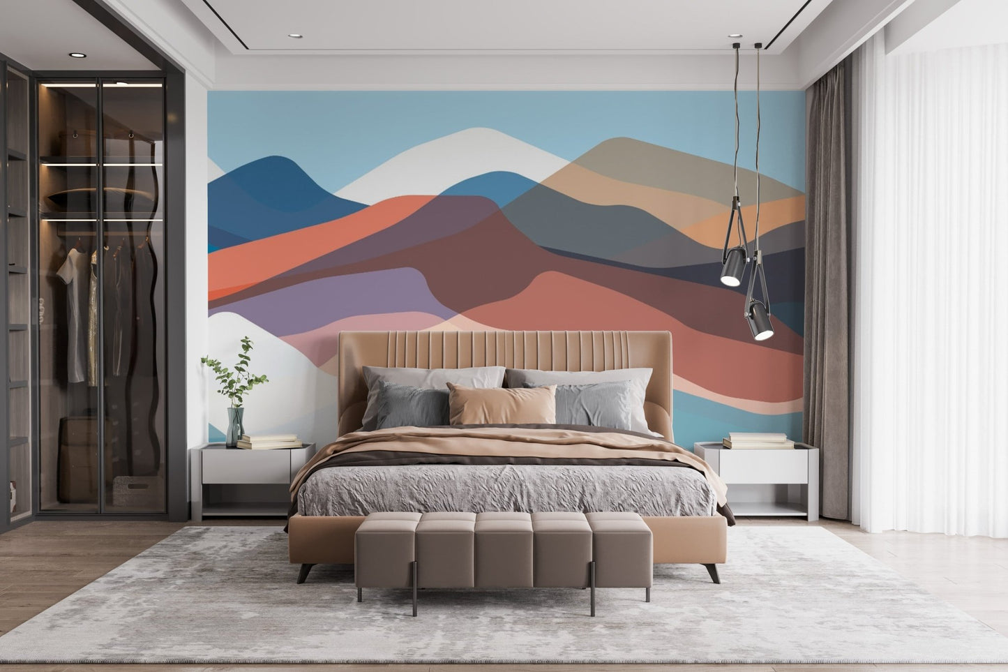 Abstract multicolor wall mural with mountain forms for bedroom.