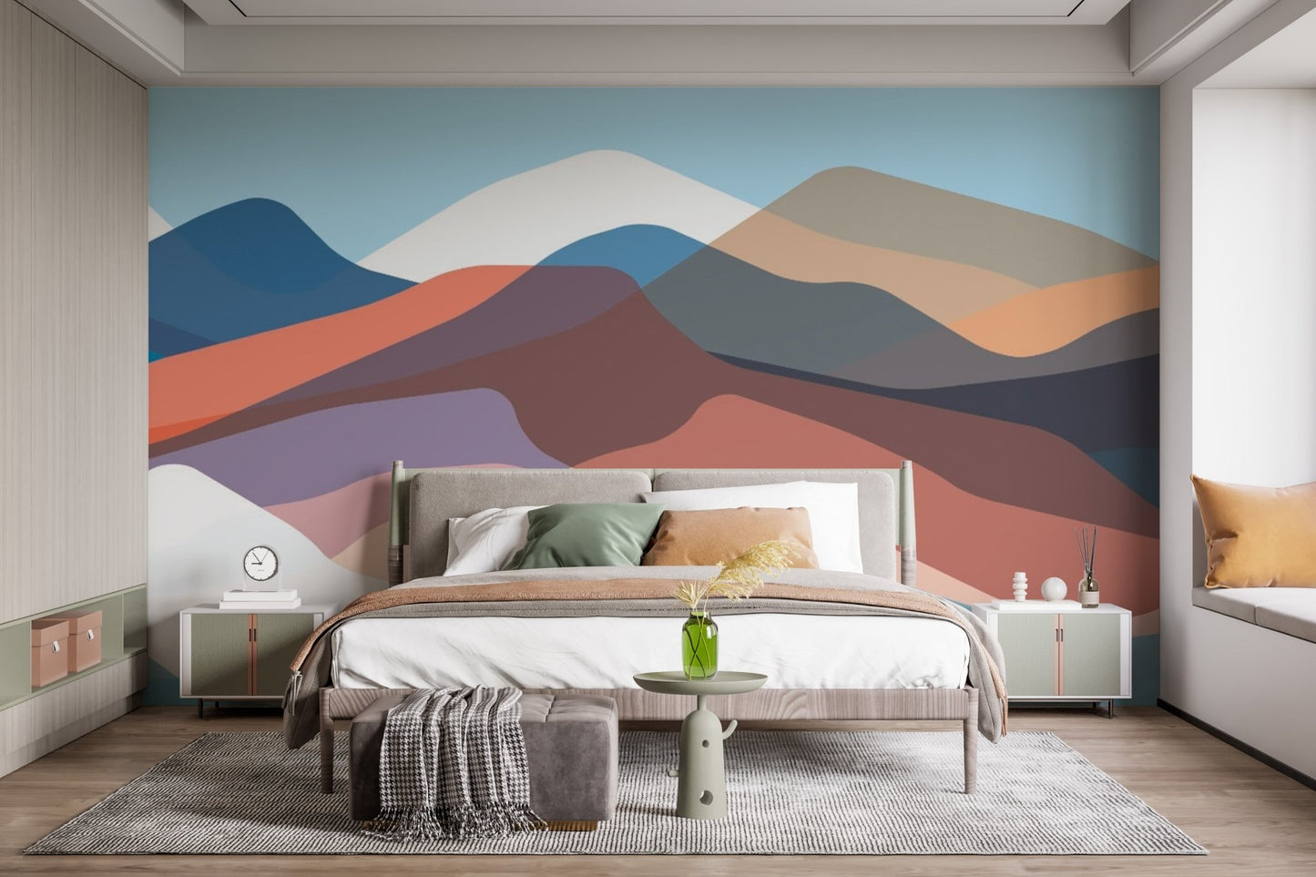 Abstract mountain mural with bold and muted color tones for bright bedroom.
