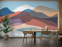 Multicolor mountain mural with abstract layered peaks in dining room.