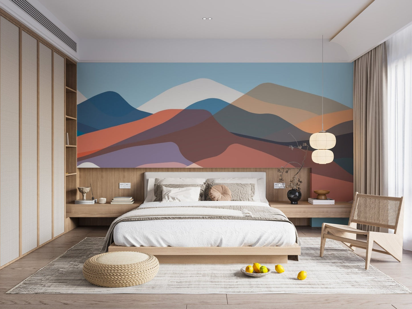 Serene abstract landscape mural featuring colorful mountains in fluid.