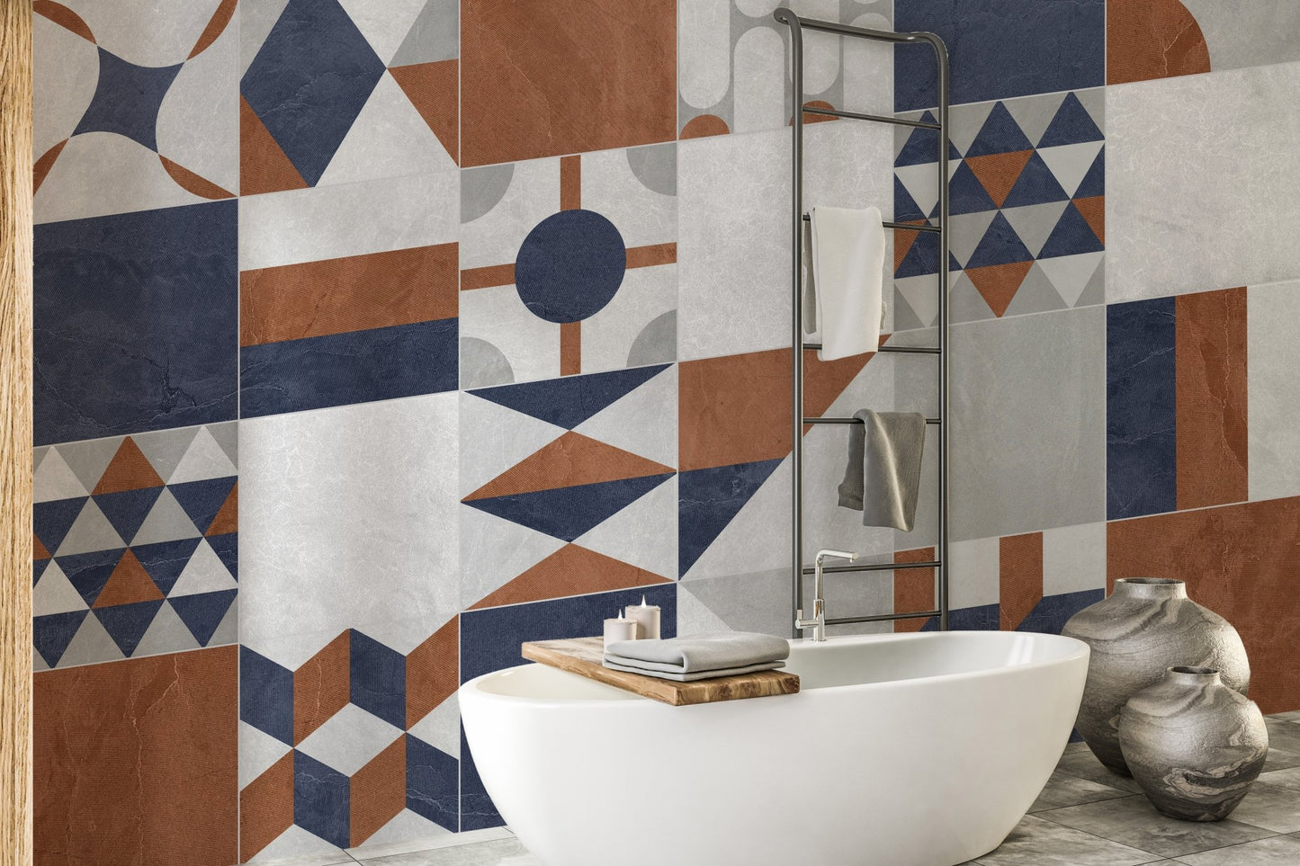 Bathroom interior decorated with a blue and terrazzo geometric wall mural.