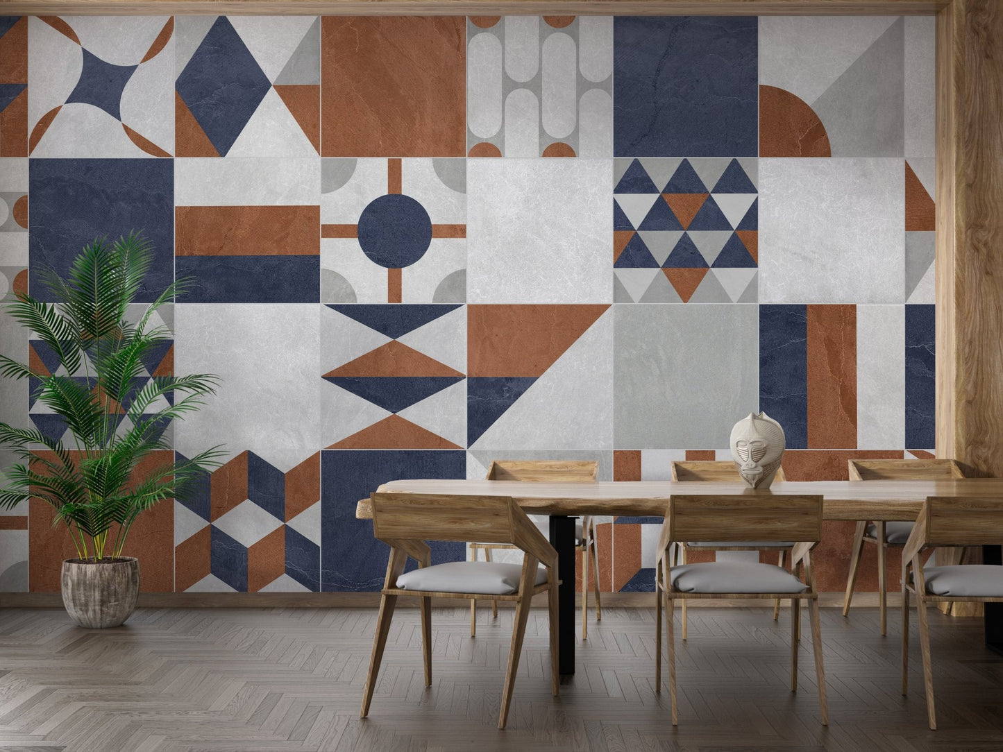 Dining area featuring a terrazzo brown and blue wall mural with a wooden table