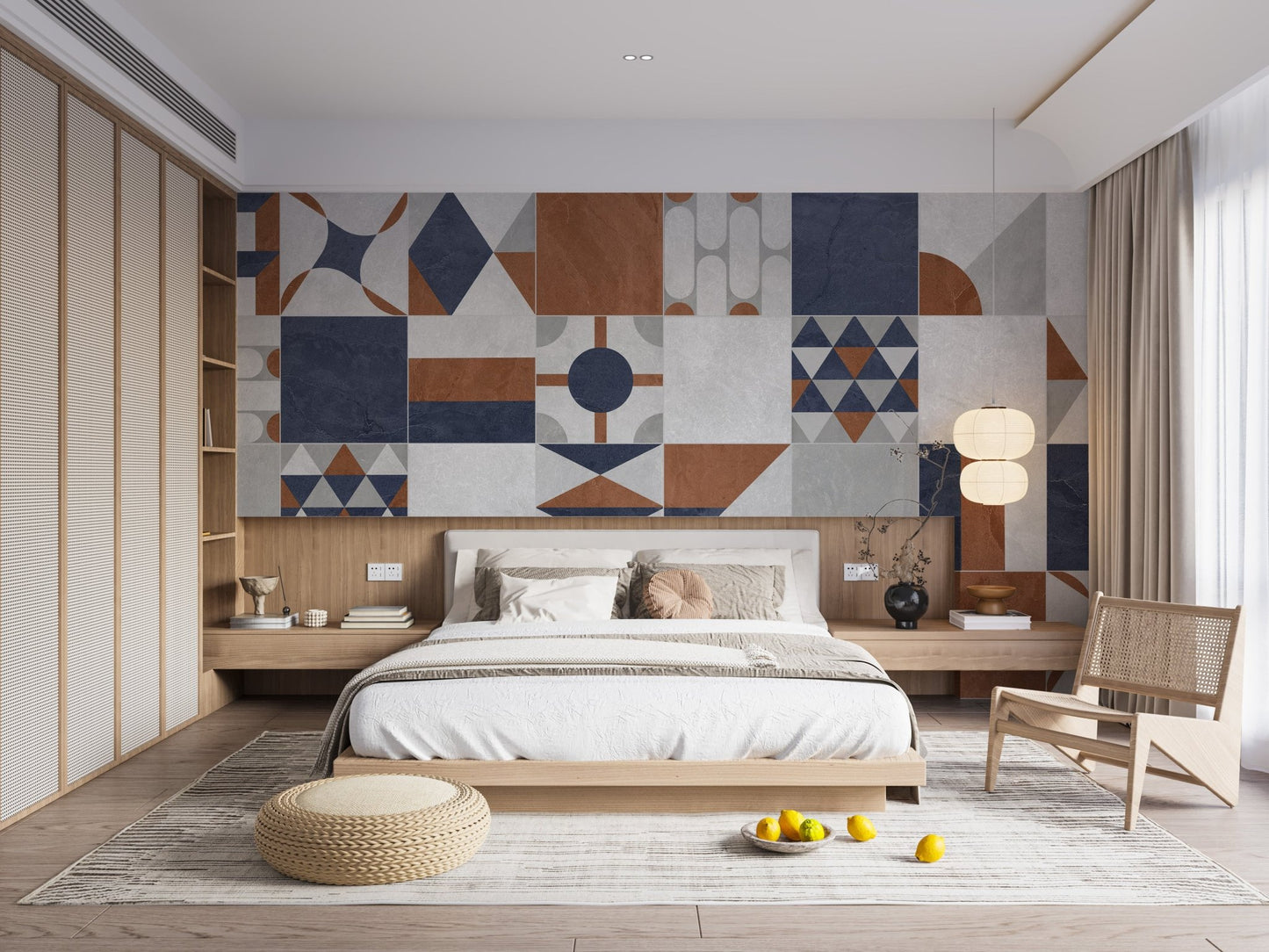 Modern bedroom interior designed with a patterned terrazzo wall mural.