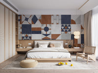 Modern bedroom interior designed with a patterned terrazzo wall mural.