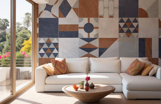Multicolor Art Deco Terrazzo Wall Mural in a bright living room with white sofa