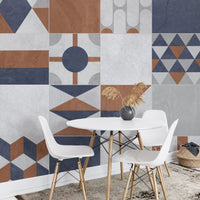 Small casual dining setup accented by a geometric terrazzo mural background.