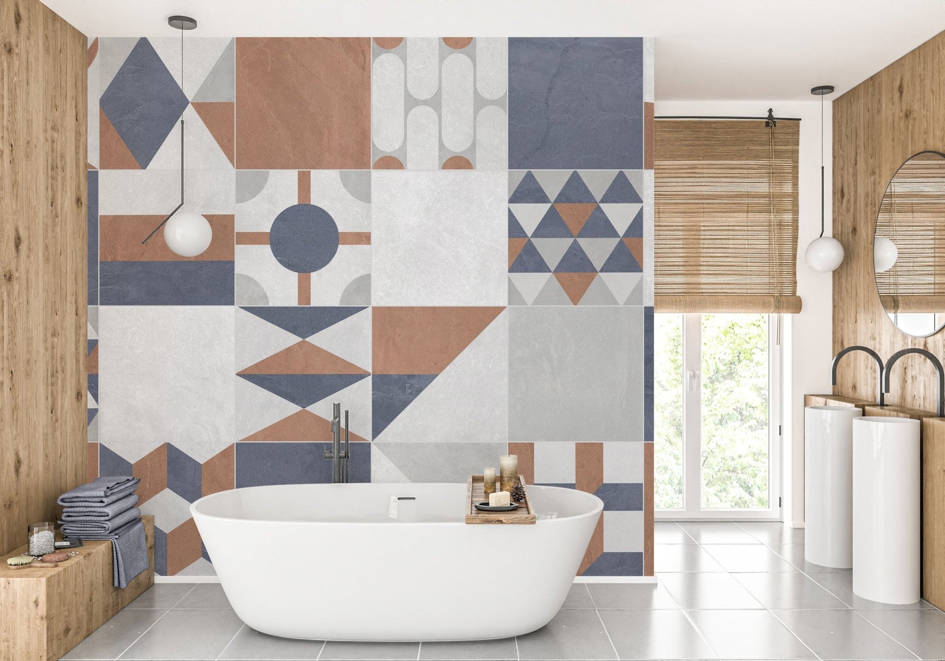Freestanding bathtub against a multicolor art wall mural in a bathroom
