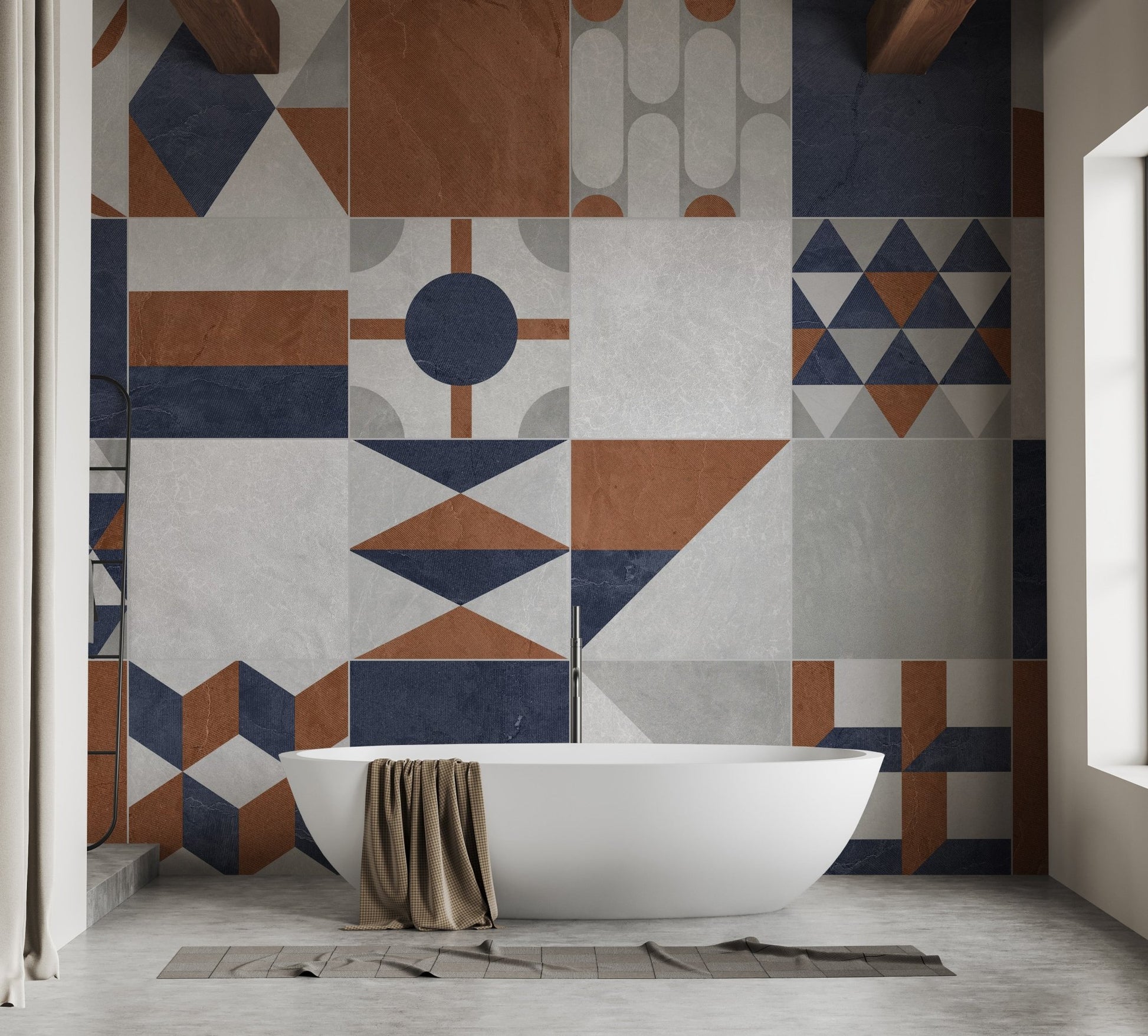 Modern washroom with a large tub and a striking multicolor art wall mural.