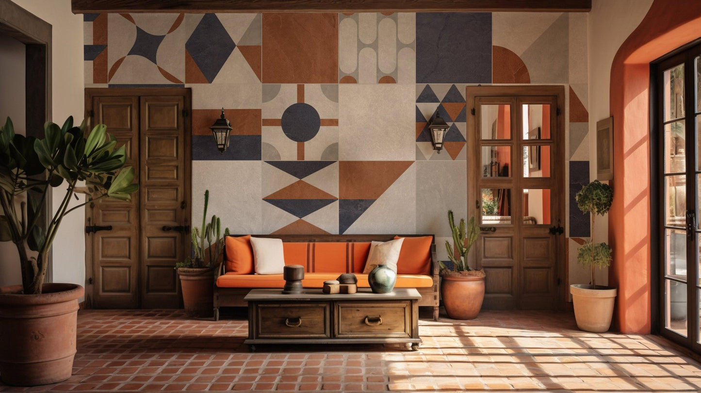 Living area styled with an orange sofa and a geometric terrazzo wall mural.