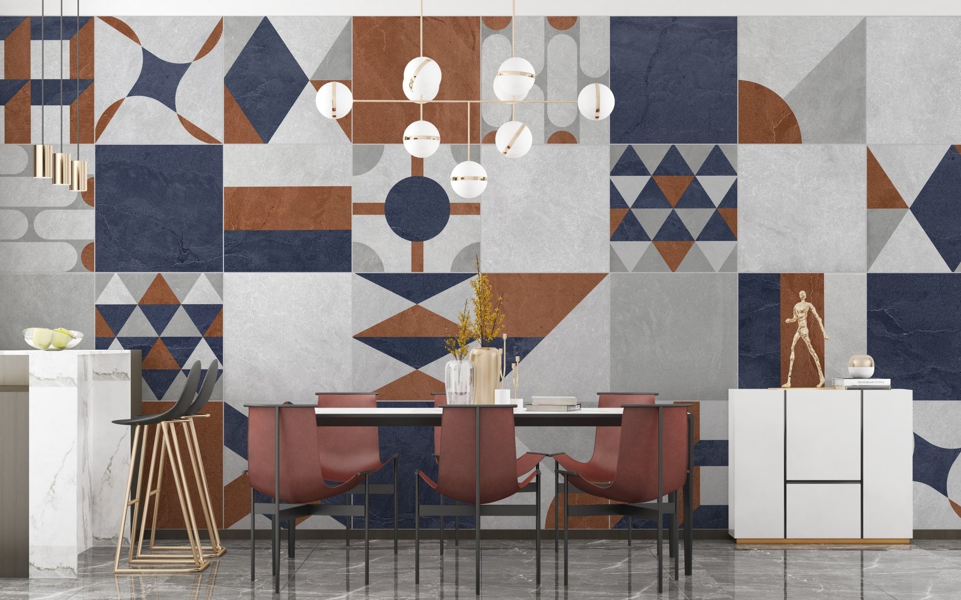 Contemporary dining space with dark chairs and an art deco wall mural.