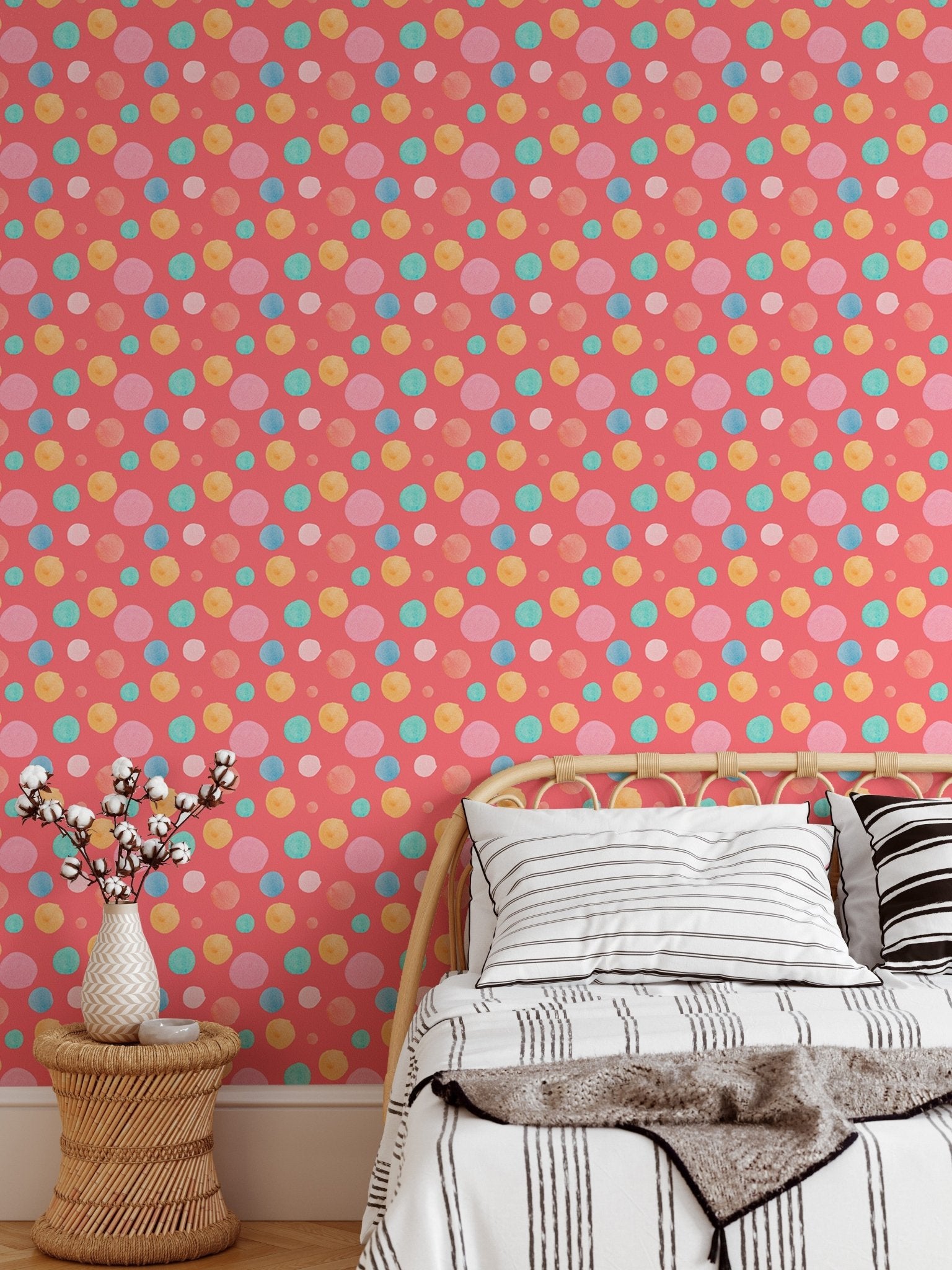 Multicolor Circles Shapes Polka Dots Kids Wallpaper in a child's bedroom area.