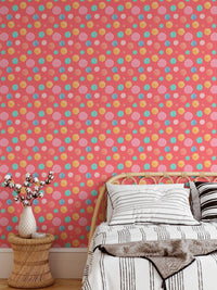 Multicolor Circles Shapes Polka Dots Kids Wallpaper in a child's bedroom area.