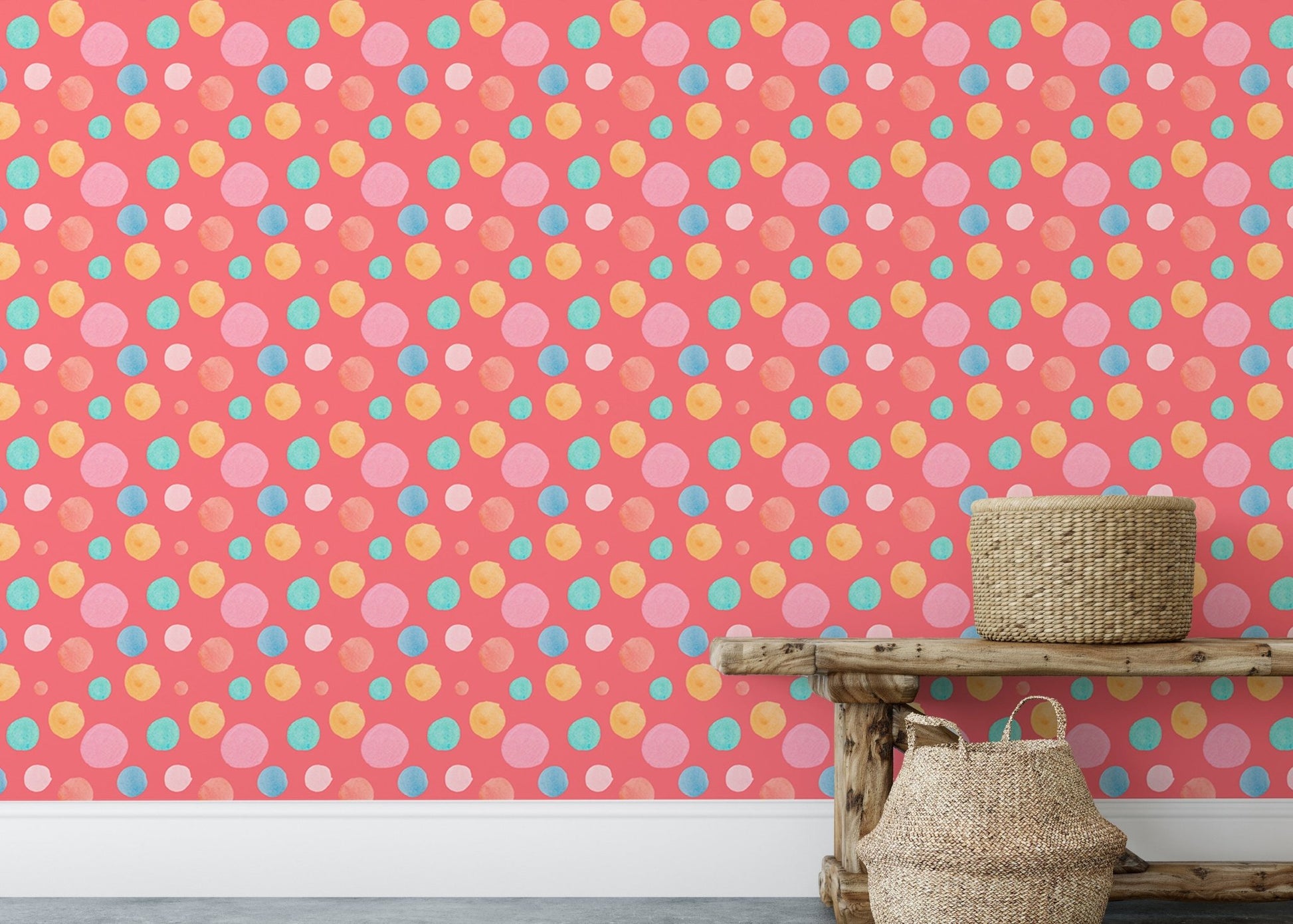 Pink and blue circle wallpaper used as a backdrop for a wooden bench.