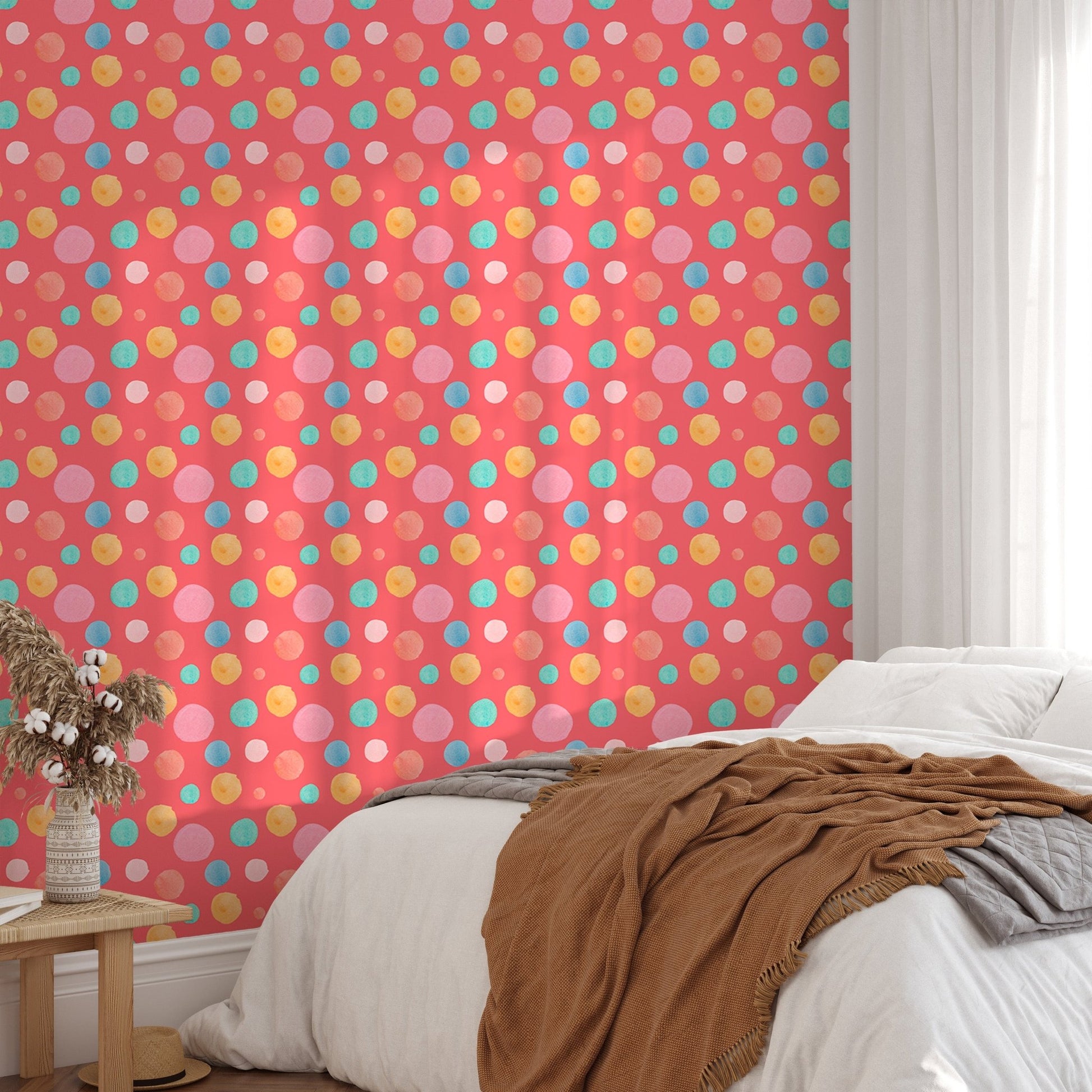 Kids wallpaper featuring circular patterns in a minimalist bedroom setting.