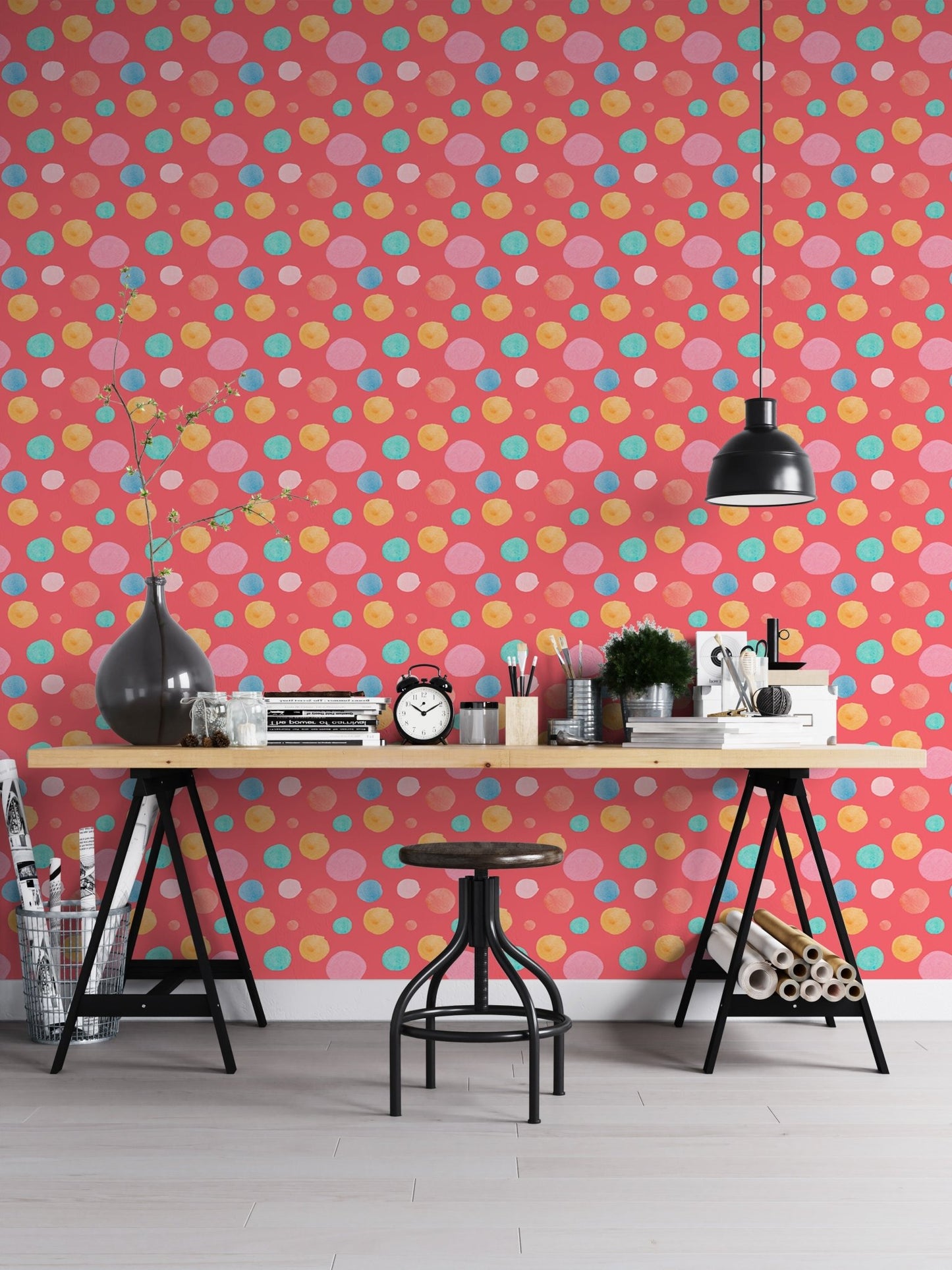 Multicolor Circles Shapes Polka Dots Kids Wallpaper in a home office with black desk.