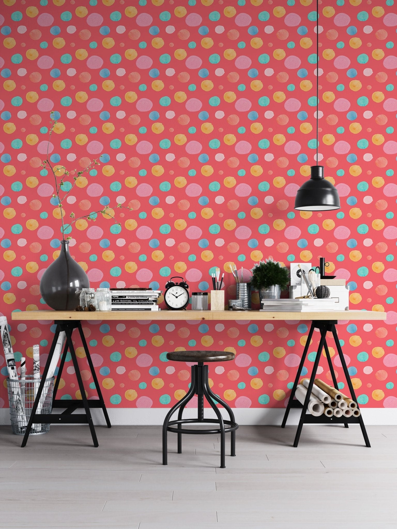 Multicolor Circles Shapes Polka Dots Kids Wallpaper in a home office with black desk.