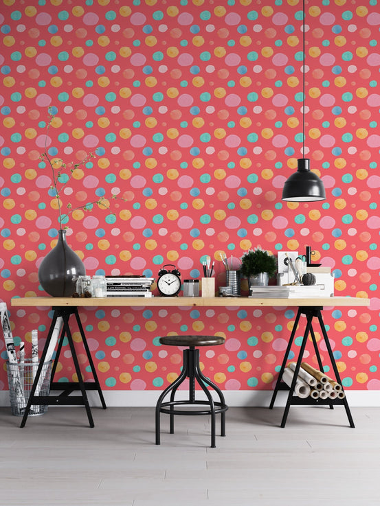 Multicolor Circles Shapes Polka Dots Kids Wallpaper in a home office with black desk.