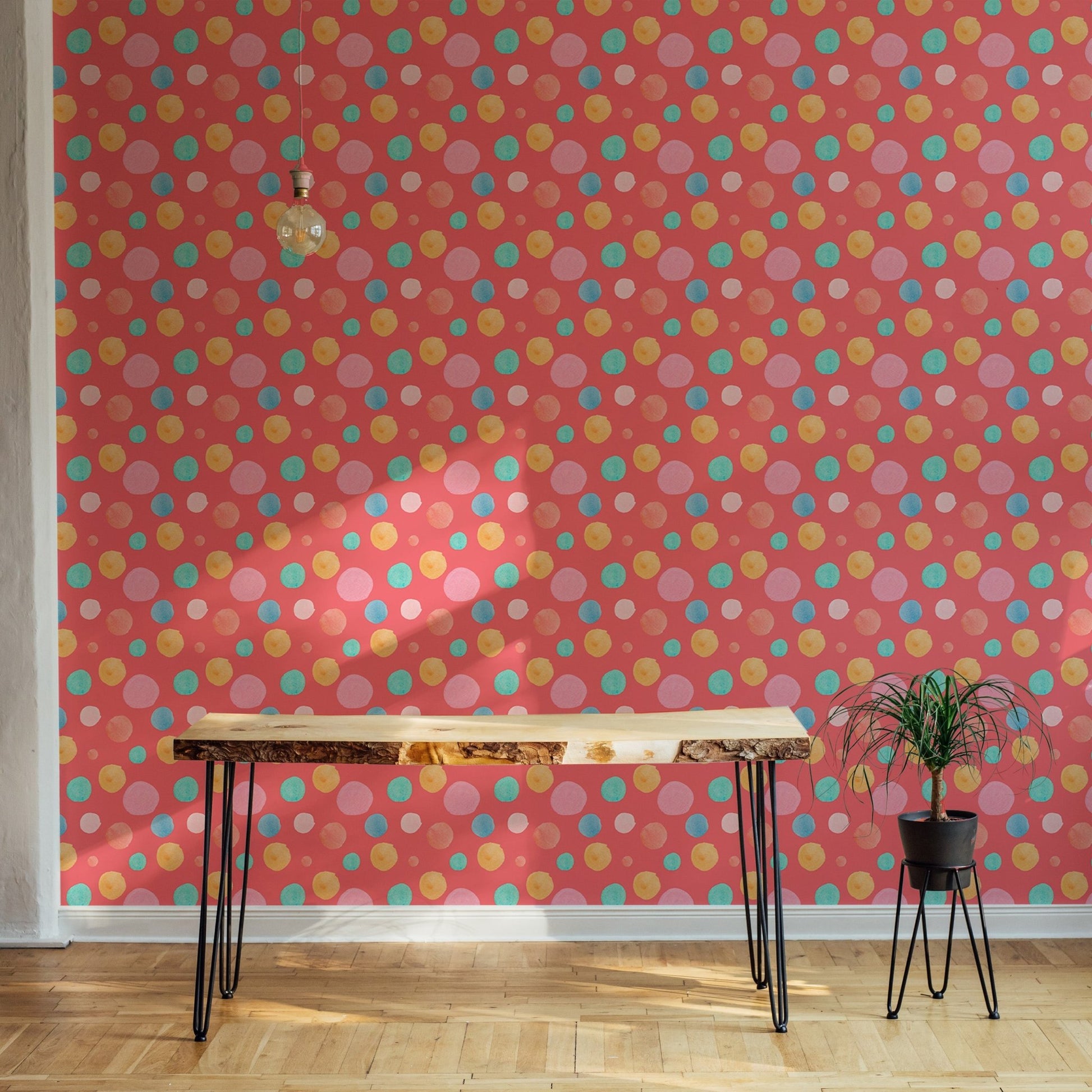 Vibrant circle pattern wallpaper on a feature wall behind a wooden console table.