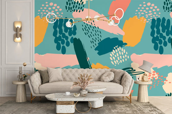 Multicolor Seamless Patterns Wall Murals behind a beige sofa in a modern living room.