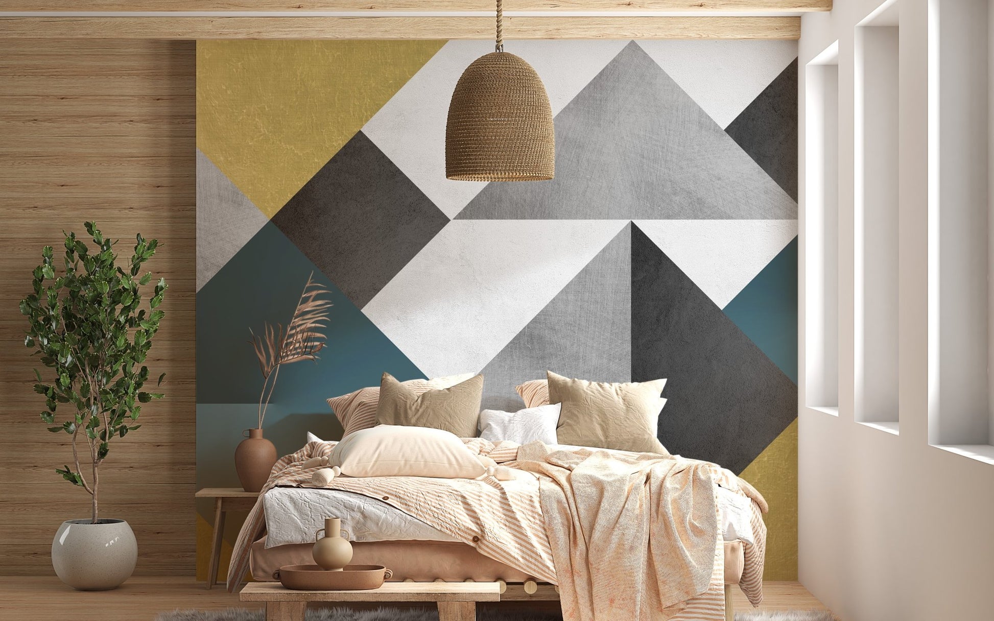 Multicolor Triangle Wall Mural in master bedroom.