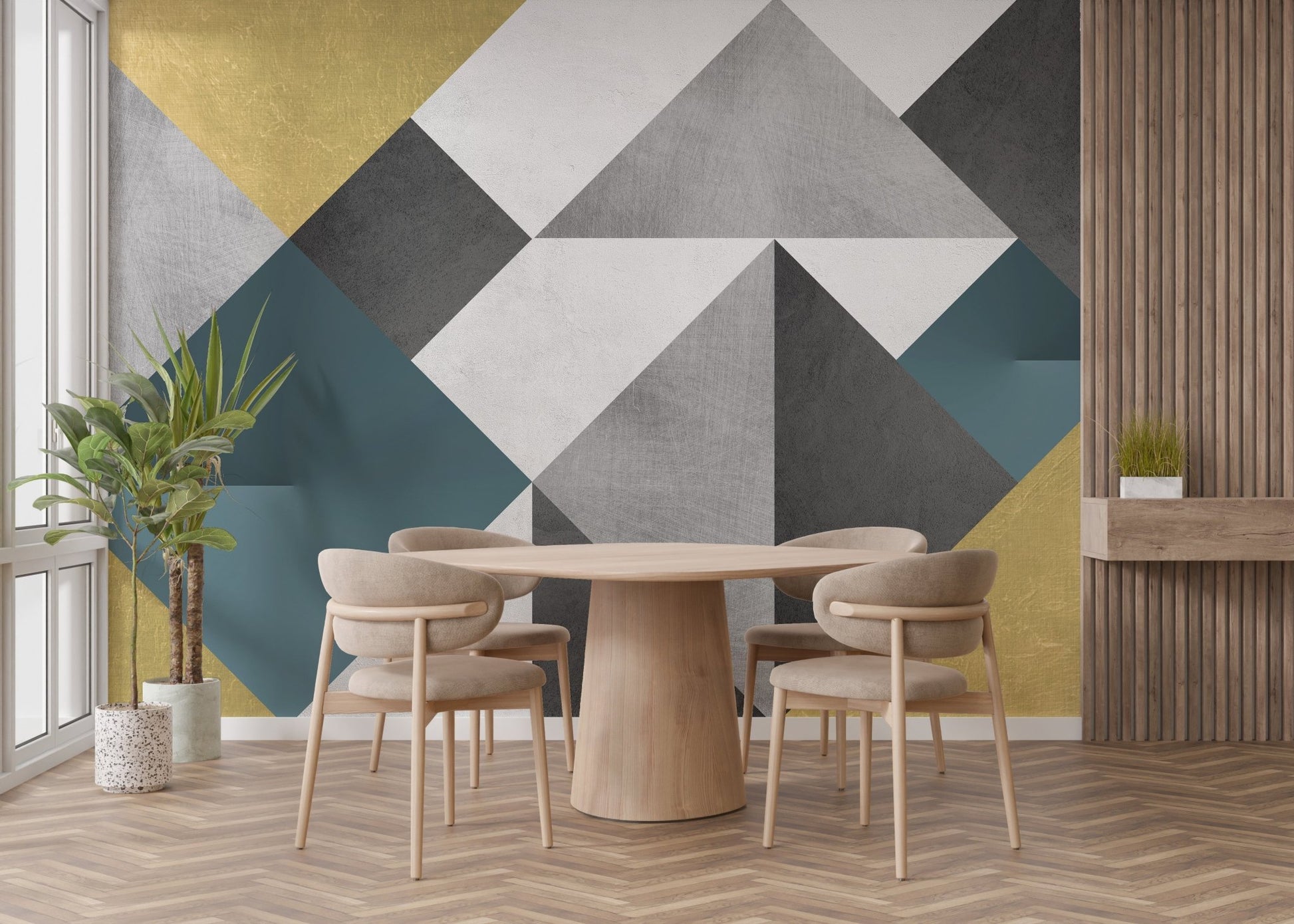 Vibrant Multicolor Triangle Mural for Stylish dining Interior