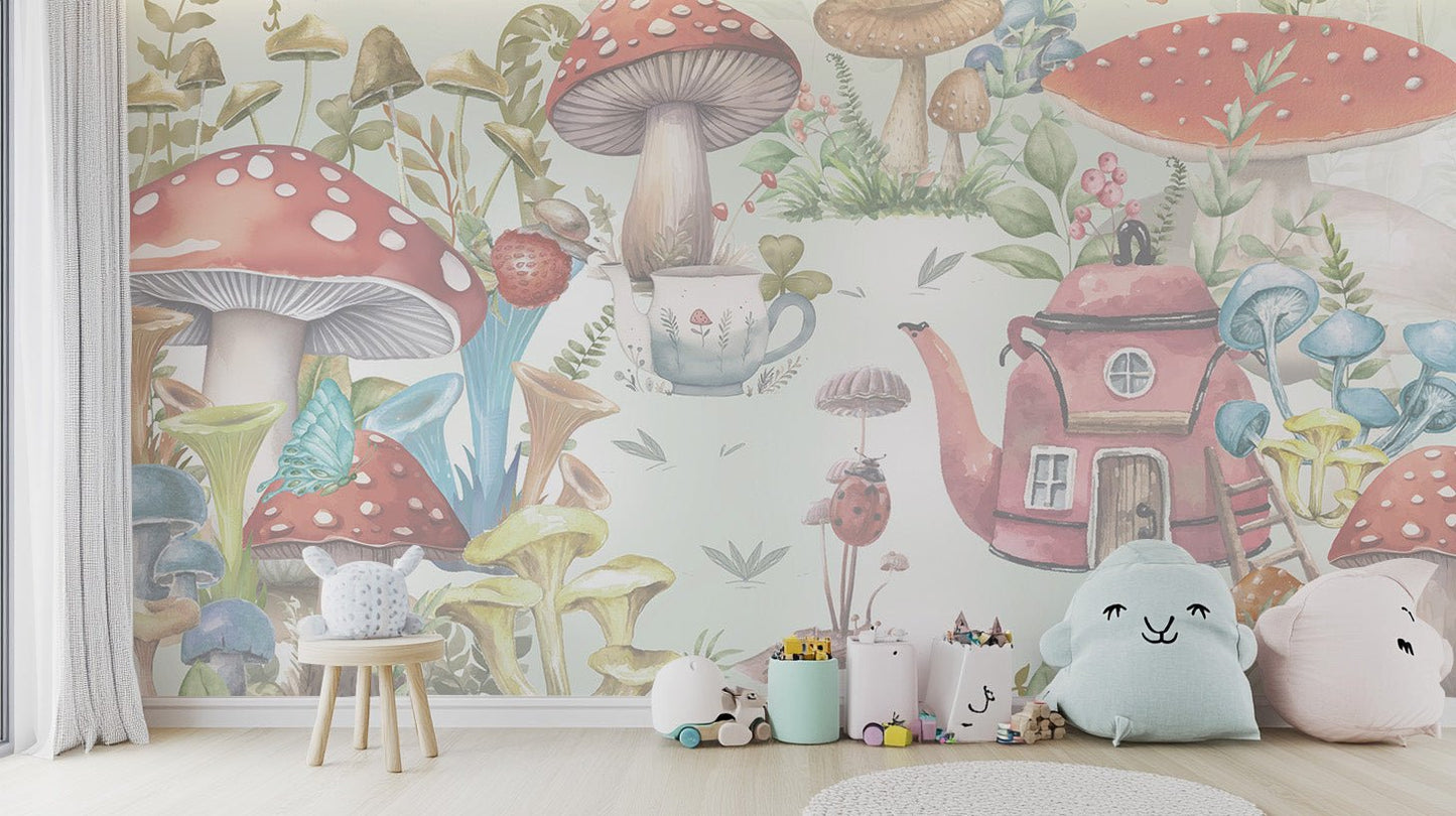 Mushroom Village Kids Wall Mural - Wallanza