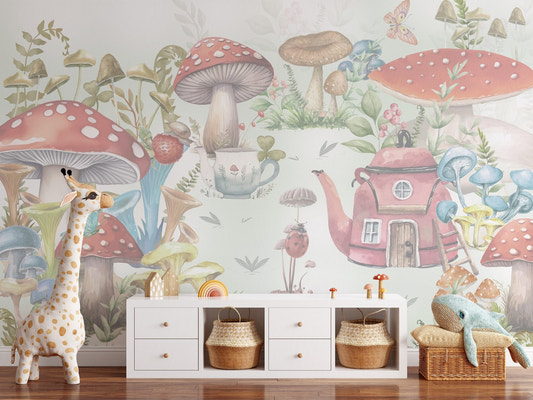 Mushroom village kids wall mural with red toadstools and teapot house.