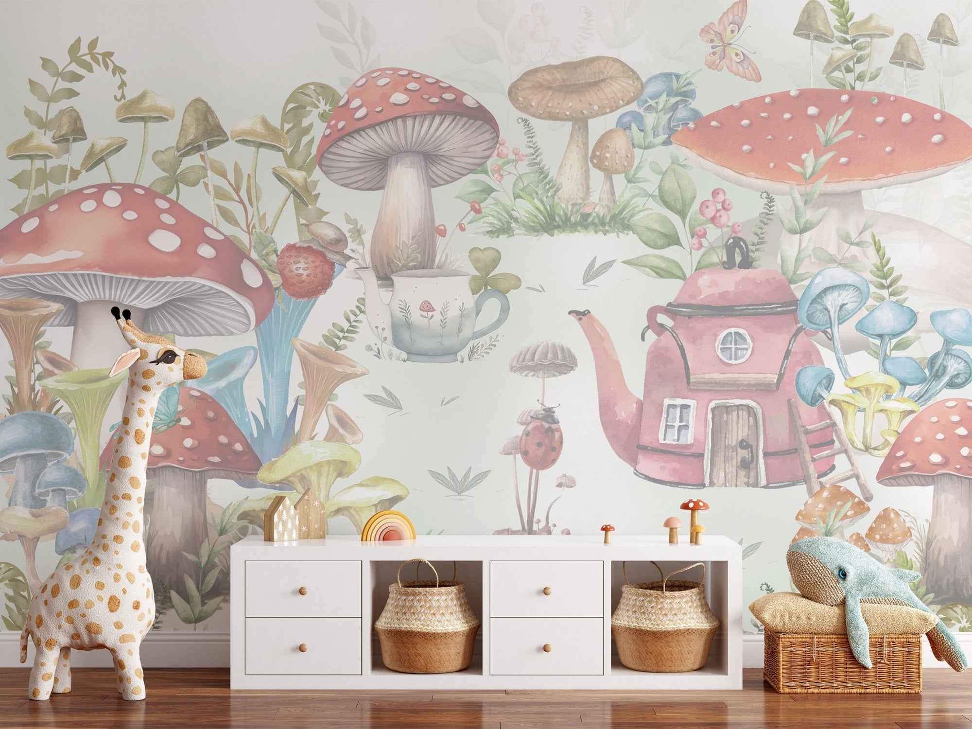 Mushroom village kids wall mural with red toadstools and teapot house.