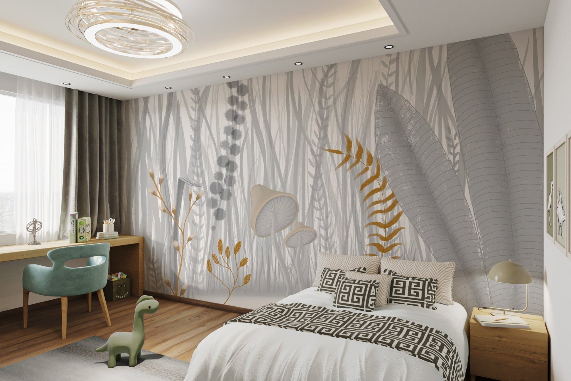 Mushrooms Grass Meadow Watercolor Wall mural in a modern kids bedroom.
