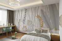Mushrooms Grass Meadow Watercolor Wall mural in a modern kids bedroom.