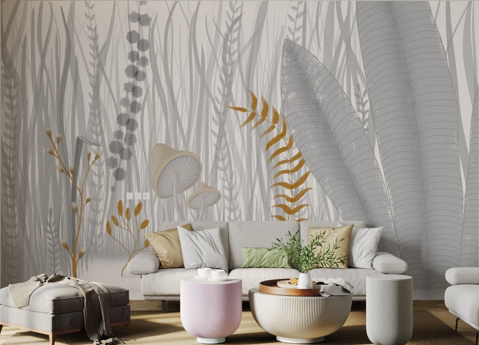 Minimalist watercolor mural featuring mushroom illustrations in a living space.