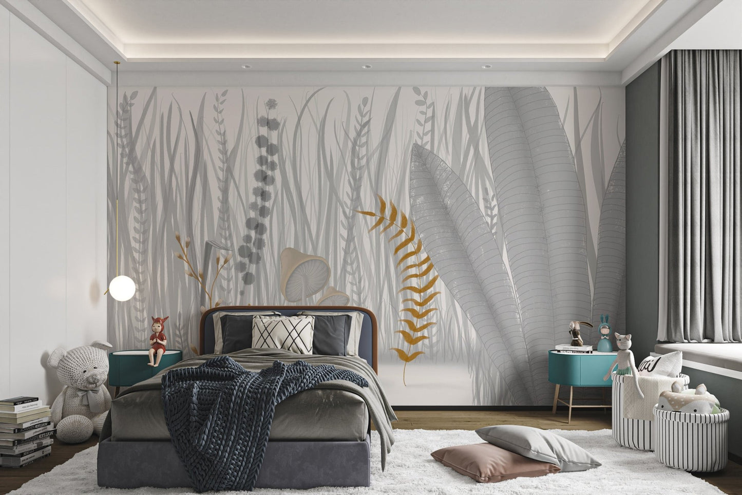 Abstract botanical wall mural with grey and gold leaf patterns in a bedroom.