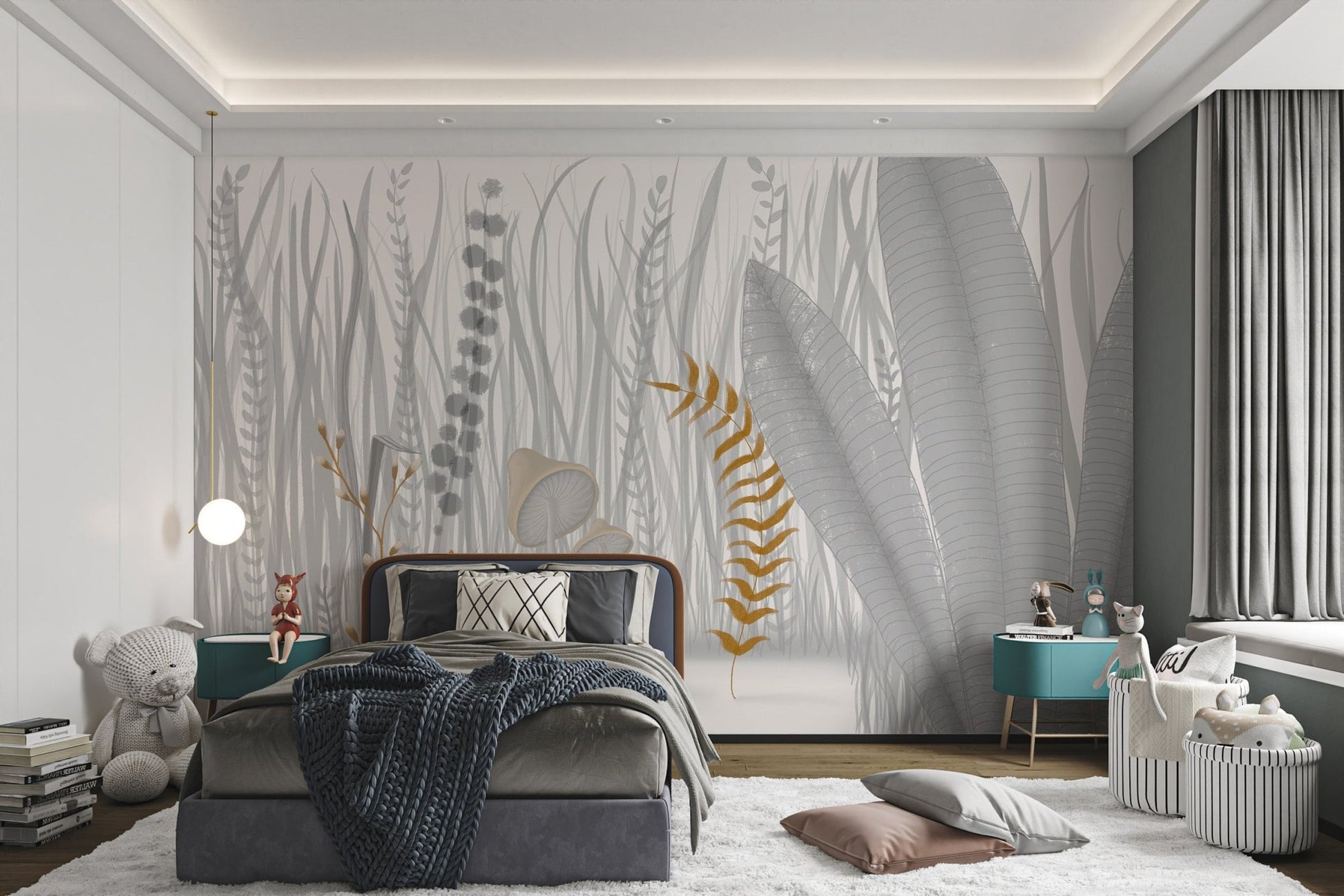 Abstract botanical wall mural with grey and gold leaf patterns in a bedroom.