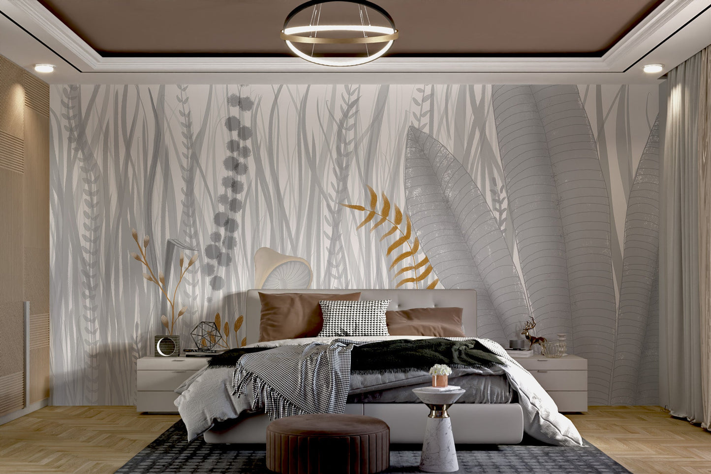 Mushrooms Grass Meadow Watercolor mural on a large master bedroom wall.