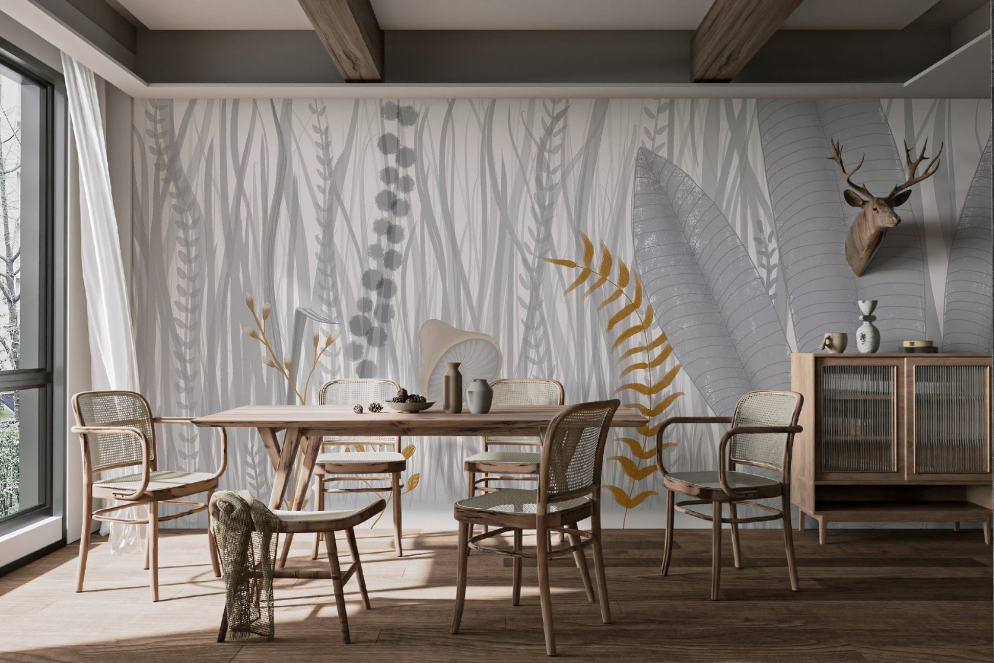 Grey and ochre meadow themed wall mural for a contemporary dining room.