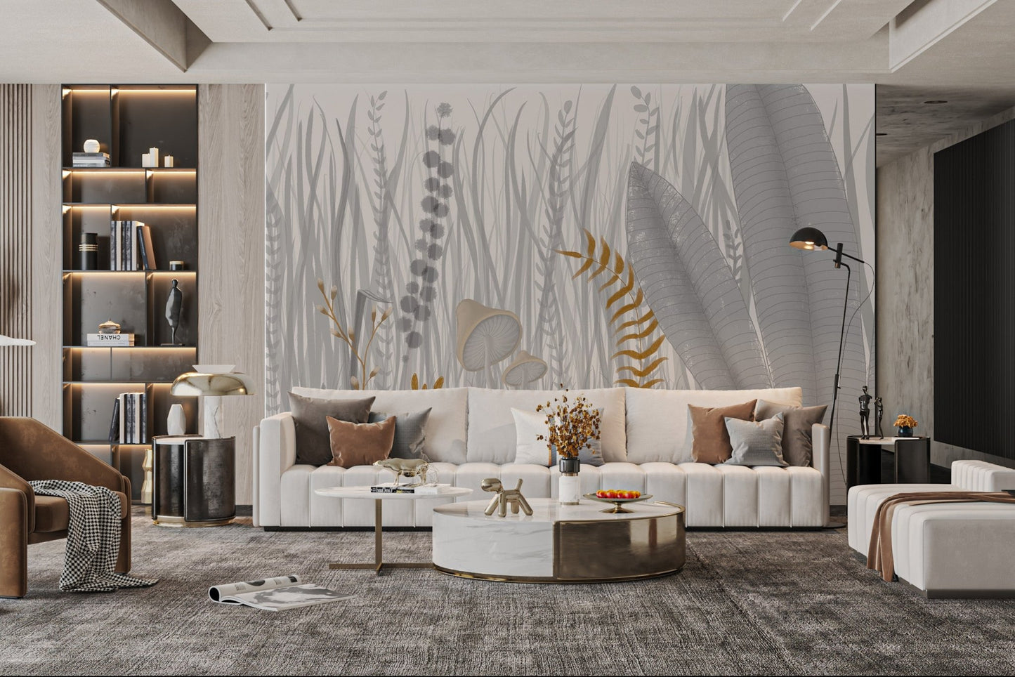 Modern living area featuring an artistic grass and mushroom wall mural.