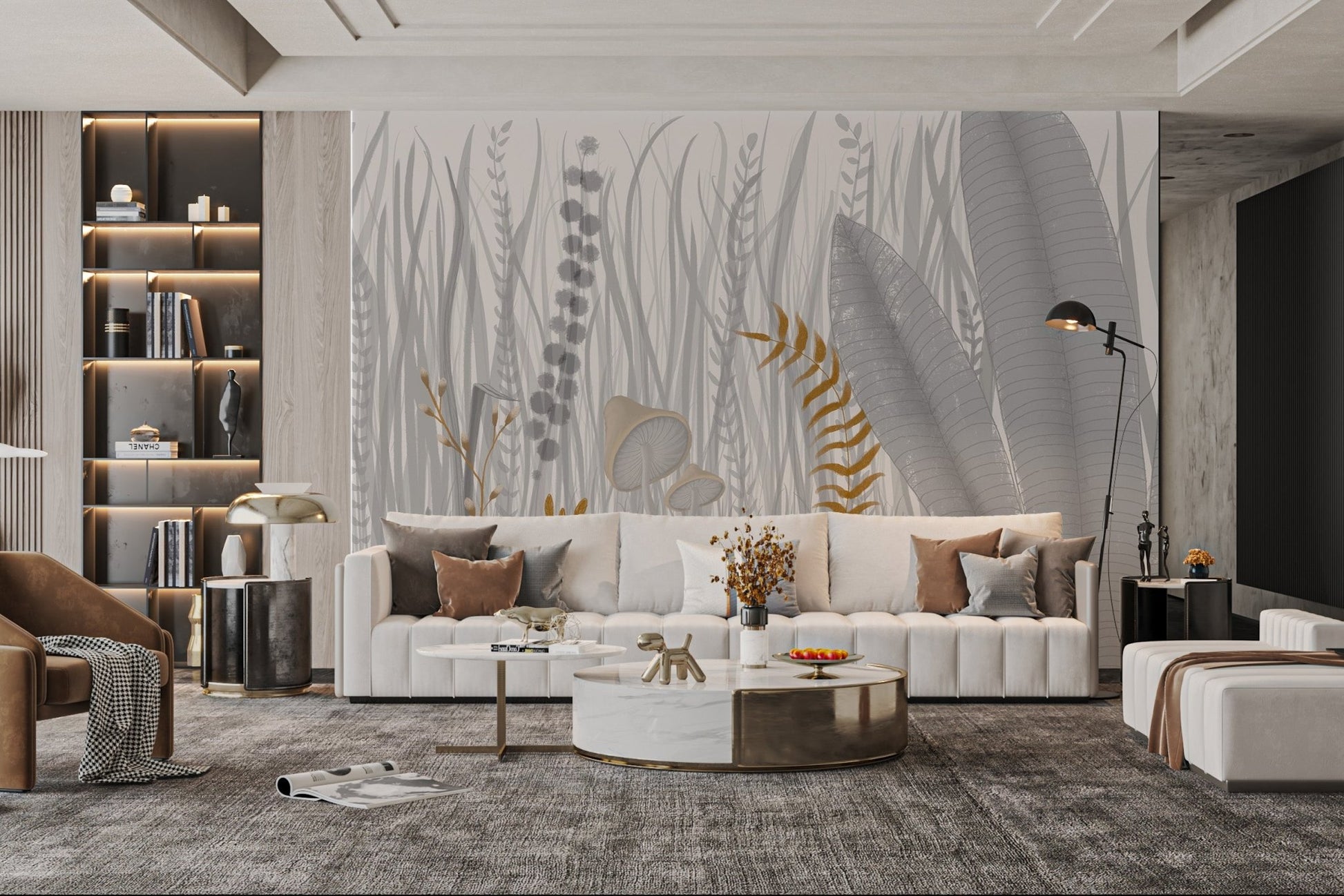 Modern living area featuring an artistic grass and mushroom wall mural.