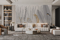Modern living area featuring an artistic grass and mushroom wall mural.