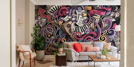 Hand-drawn musical wall mural behind a grey couch in a bright, sunlit lounge.