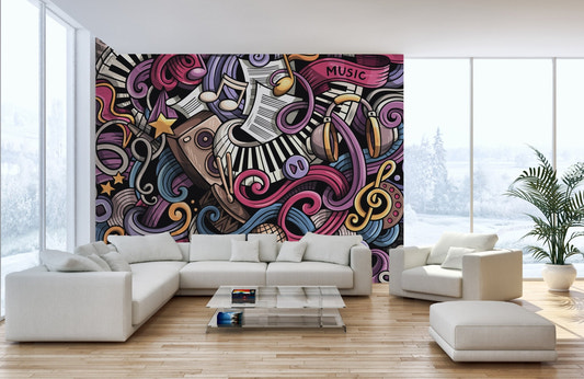 Musical Sketches Wallpaper Murals in a modern living room with a white sectional sofa.