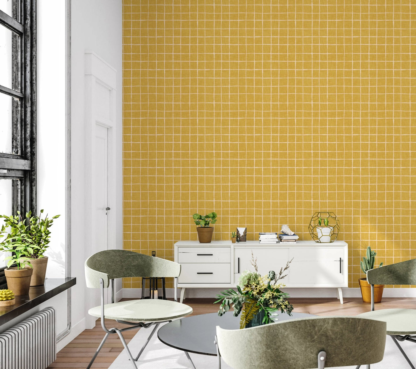 Soft woven grid look in mustard wallpaper murals