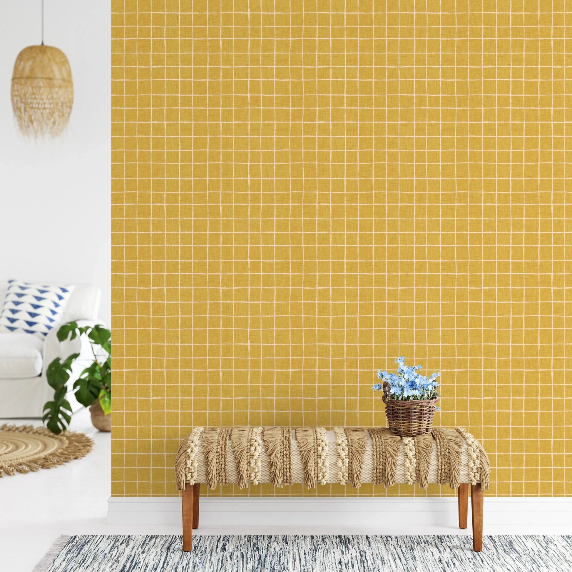 Minimal mustard line grid for modern wall murals