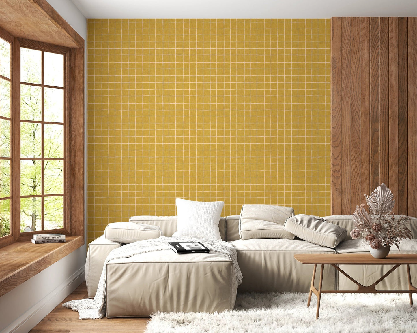 Mustard gridlock texture for modern wallpaper murals